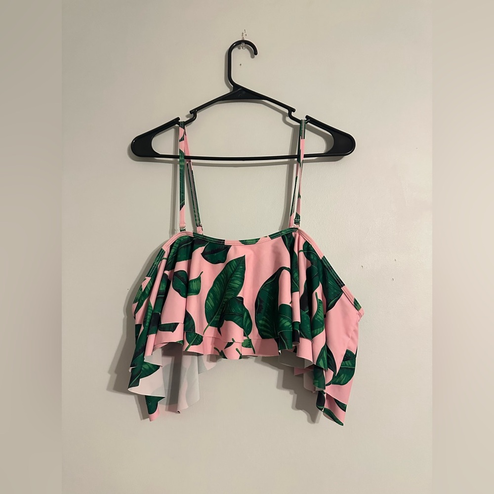 Women’s Pink and Green Tropical Pattern Bathing Suit Top. Approximately size XL!